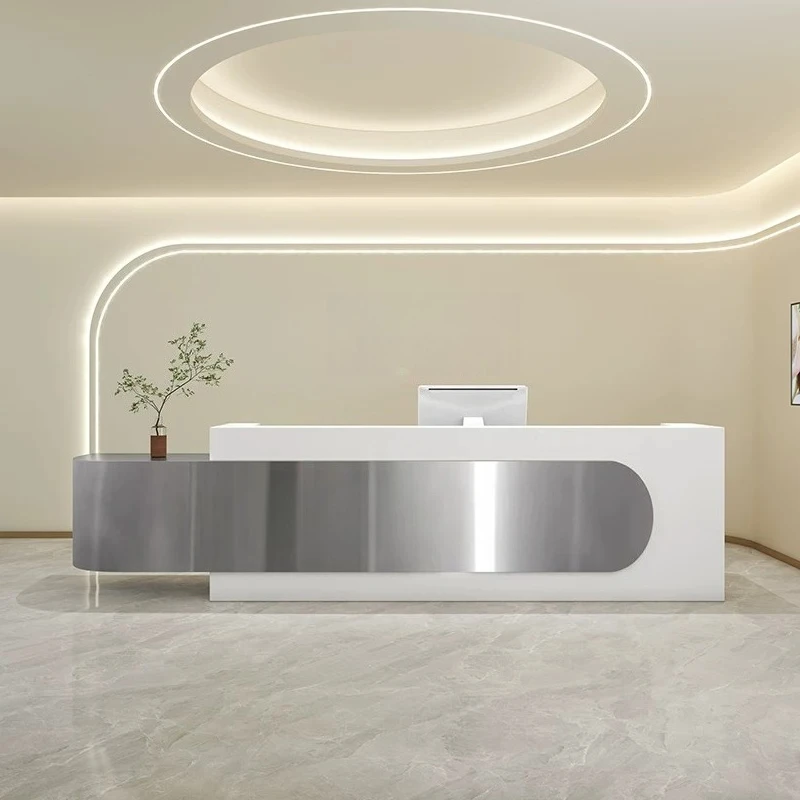 

Nordic Cream Style Beauty Salon Reception Desk Minimalist Stainless Steel Company Cashier Desk Office Furniture Pulpit FYRD