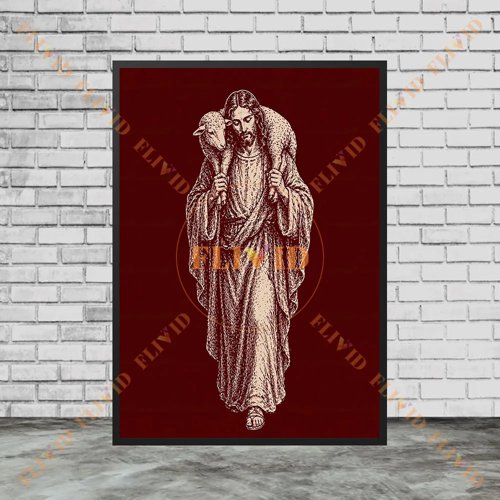 urgundy Tone Jesus And Lamb Canvas Wall Art, Retro Sketch Religious Poster, The Good Shepherd Artwork Home Poster Art Decor