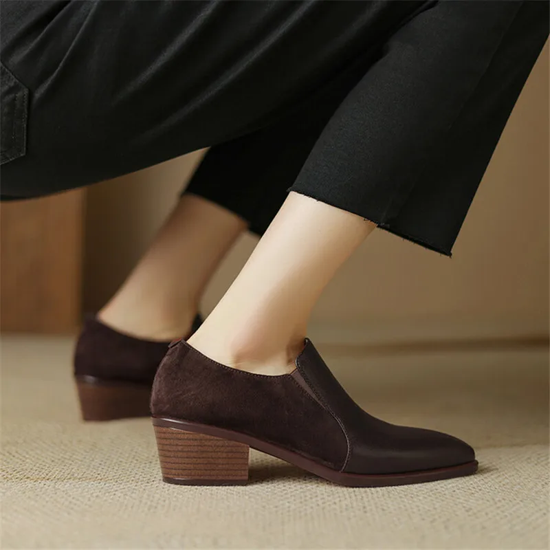 2023 New Autumn Women Loafers Genuine Leather Pointed Toe Chunky Heel Shoes Winter Women Pumps Shoes for Women Zaptos De Mujer