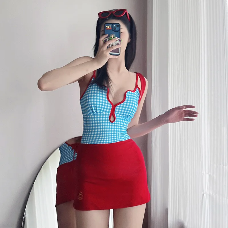 

Women Sexy One Piece Swimwear Style Cute Checkered Open Back Bathing Suit Sweet Simple Swimsuit Summer Beachwear Swimsuit Dress