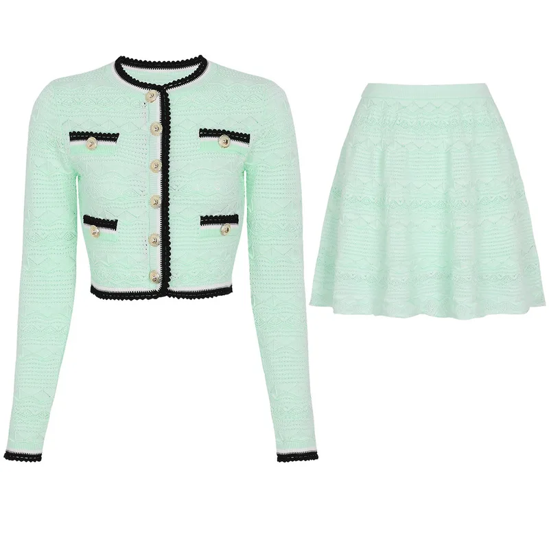 Elegant Women Two Piece Knit Set Hollow Out Long Sleeve Cropped Cardigan High Waist Flare Mini Skirt Chic Lady Outfit
