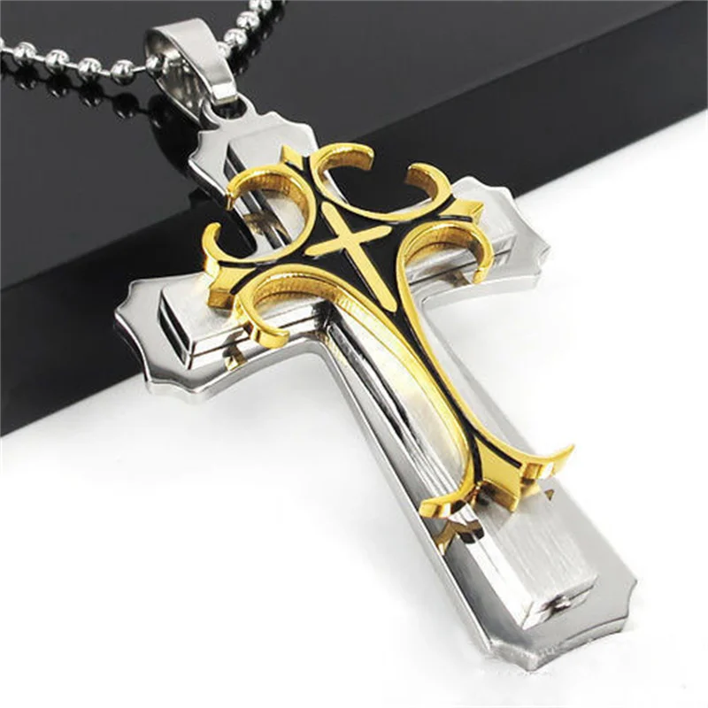 Titanium Steel Three Layer Cross Pendant Men's Retro Religious Faith Necklace Jewelry Mother's Day Memorial Gift 2022 Trend