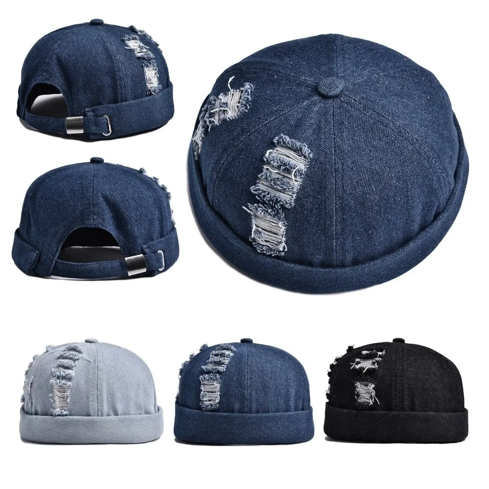 

Simple Denim Brimless Hat Old Holes Dome Melon Docker Cap without Visor Solid Color Bucket Cap Unisex