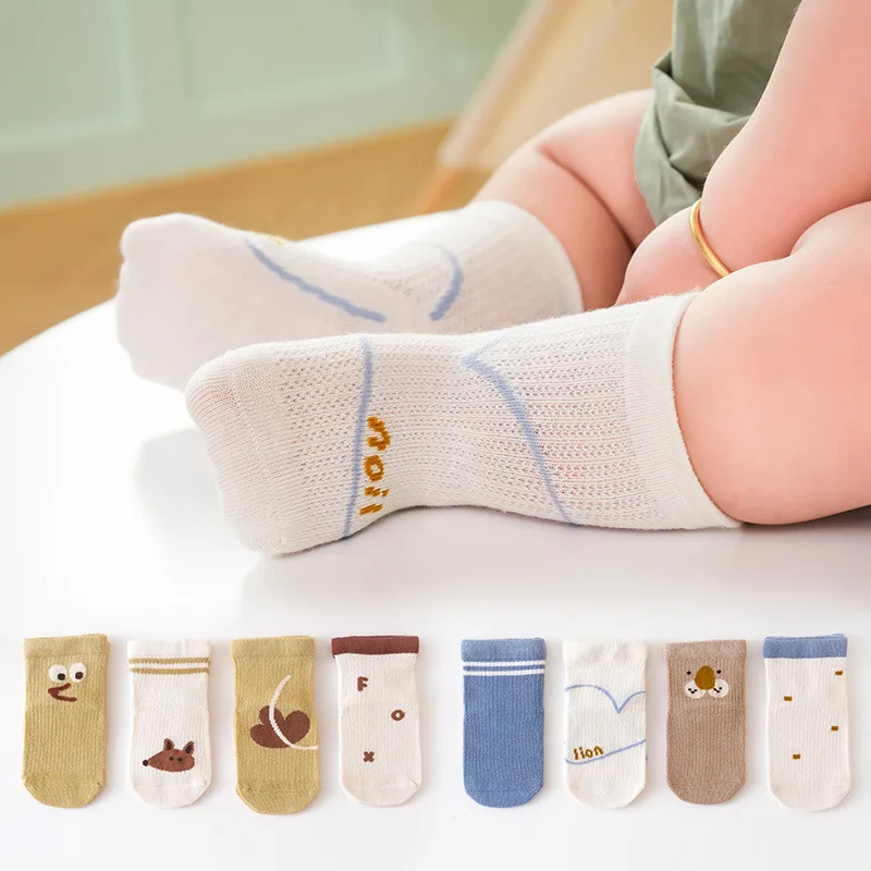 4 Paar/Los Kindersocken für 0-8 Jahre, Mädchen und Jungen, Sommer, dünne, nahtlose Netzsocken für Kleinkinder, weiche Baumwollsocken mit Aufdruck, Kindersocken