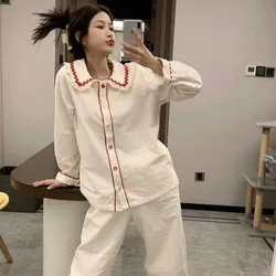 Korean Style Sleepwear Women Pajama Sets Piiama Autumn Pants Sets 2 Pieces Long Sleeve Night Wears Button Beige Home Suit New