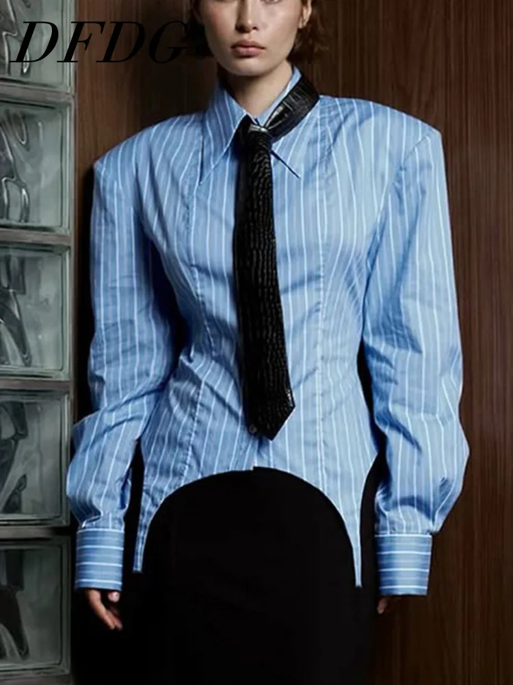 

DFDG Women 2026 Spring Summer Striped Blouse Pointed Collar Long Sleeve Ruched Waist Asymmetrical Hem Elegant Office Shirt