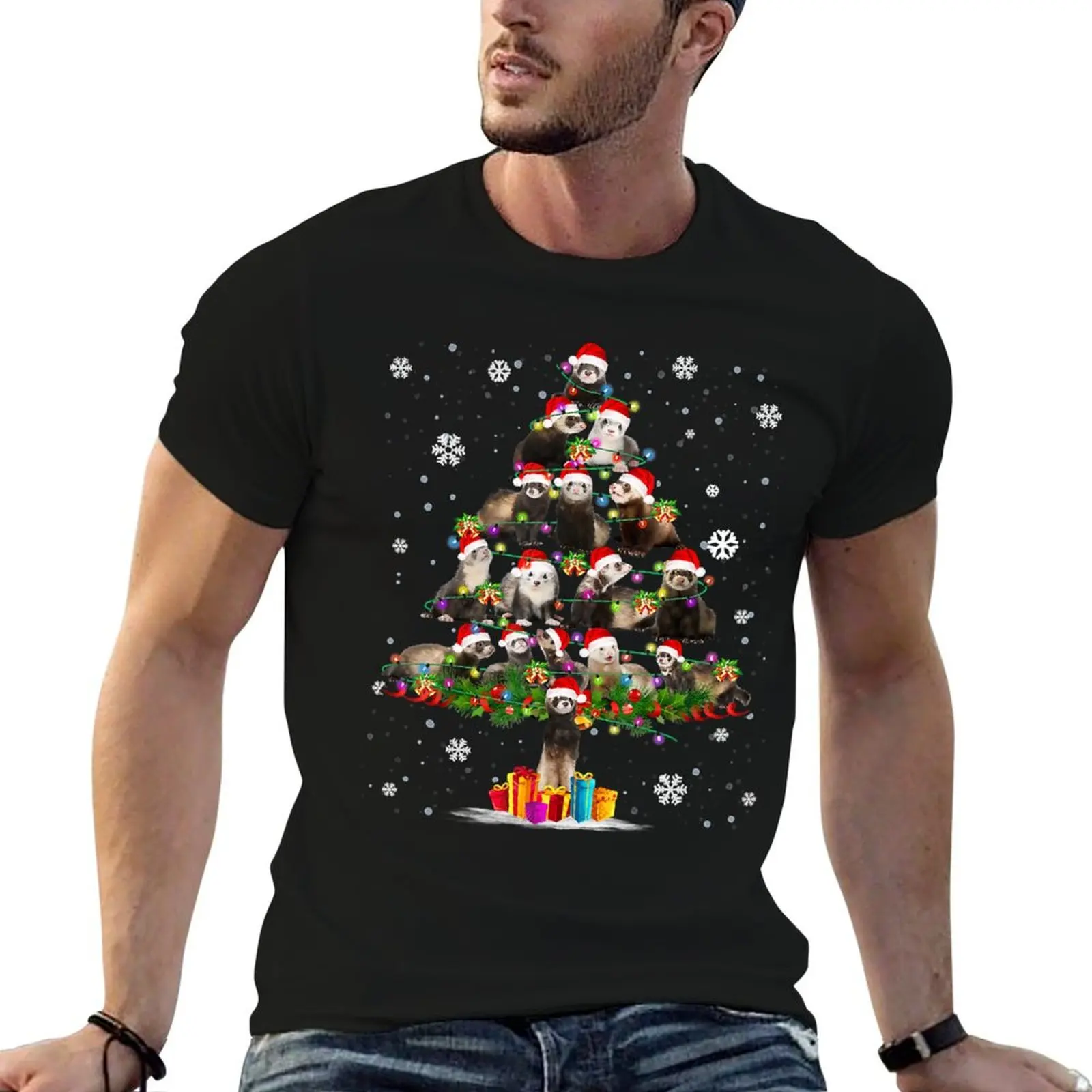 Funny Ferret Christmas Tree Light Hat In Snow Santa Xmas T-Shirt Stylish Print Short Sleeve Tee