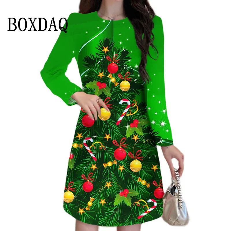 Winter Christmas Tree Dress Women Elegant Casual 3D Christmas Crutch Print Dress New Oversized Long Sleeve Loose Party Clothing