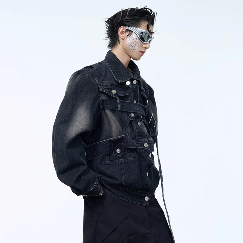 LUZHEN Versleten denim jack gewassen patchwork split gepersonaliseerde korte straat luxe trendy 2025, nieuwe mannelijke jassen lente JY4696