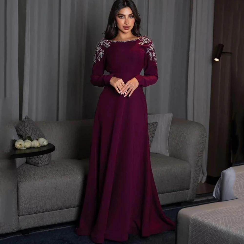 

Classic A-Line Floor Length Evening Dress Scoop Neck Long Sleeve with Sequin Crystal Beaded Women Customized فساتين سهرة