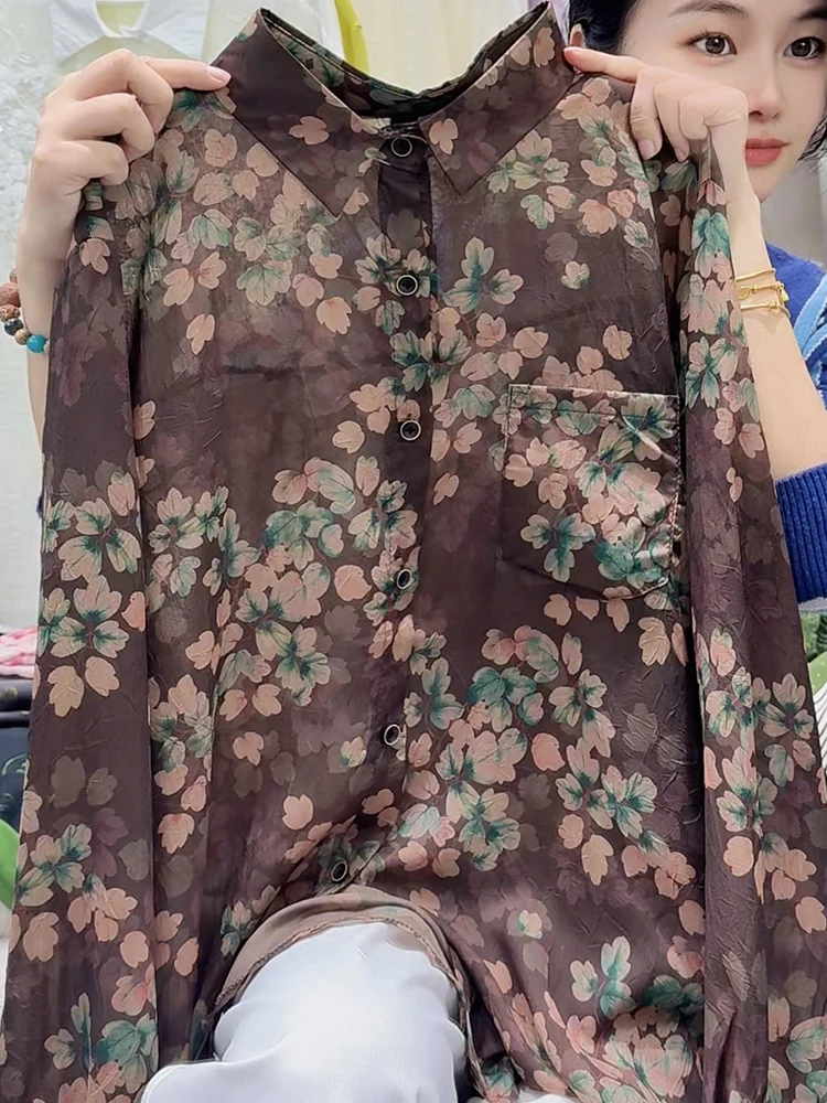 

Spring 2025 Large Size Vintage Brown Loose Casual Floral irt Sli Top Long Sve Women's plus Size Inner Wear Commute S...
