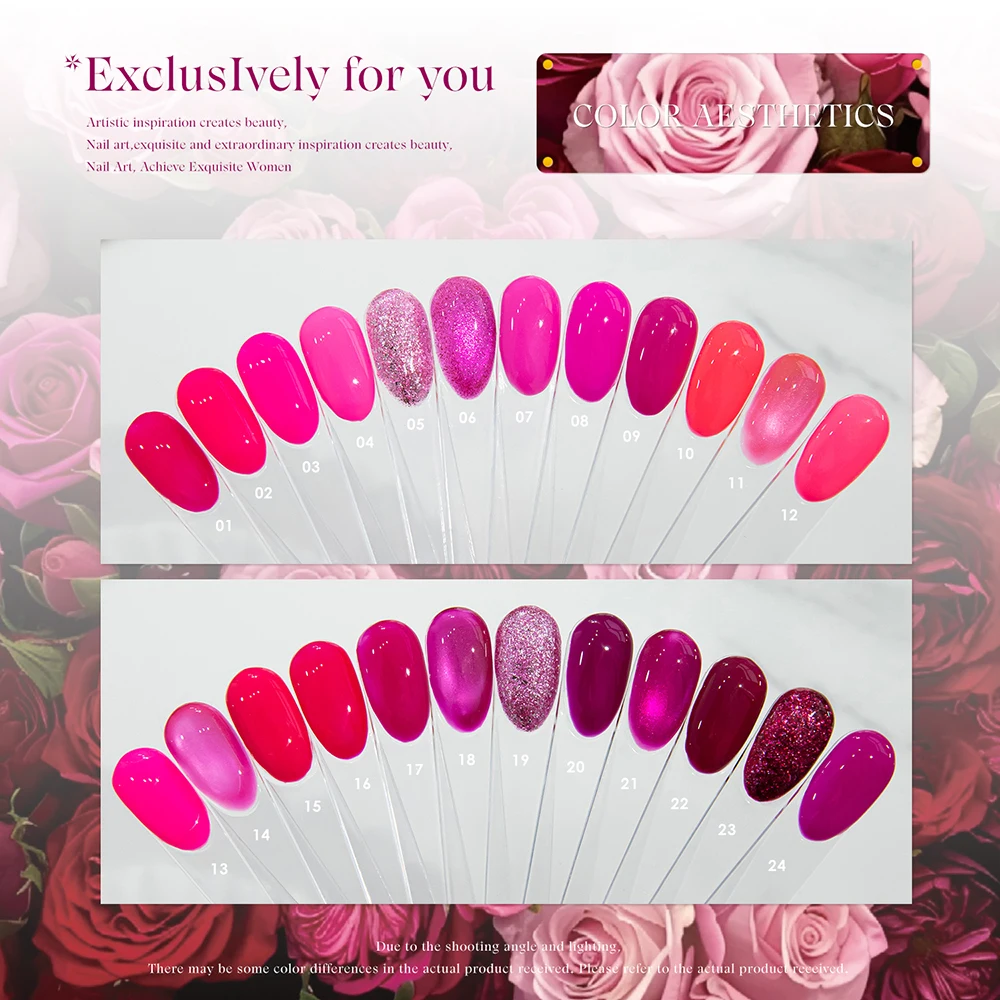 Vendeeni 24 Colors Rose Red Gel Nail Polish Mixed Set Pure Color Glitter Gel Varnish Magnetic Cat Eye Gel Lacquer With Display