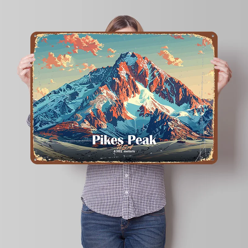 

Pikes Peak Mountain Illustration Metal Poster Customized Wall Art Retro Vintage Tinplate Signs for Man Cave Decoration Bedroom