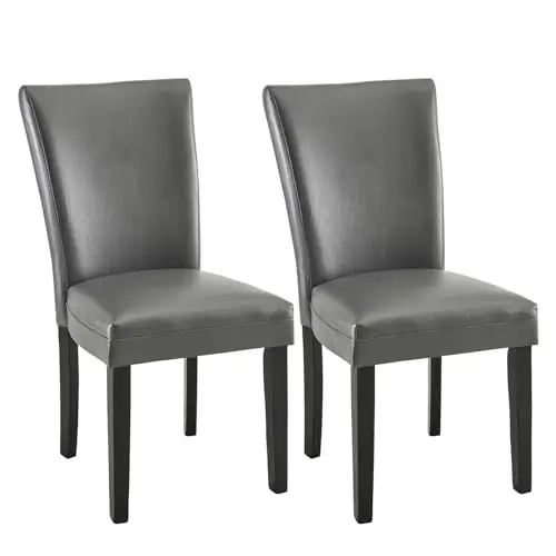 Set of 2 Upholstered Parsons Dining Chairs, Grey Faux Leather | Comfortable Upholstered Seat with High Back Support