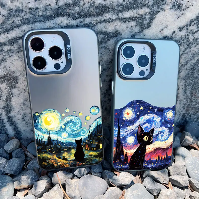 Casing ponsel iPhone 15 Pro Max, penutup Laser tahan guncangan, lukisan minyak van-gogh kucing untuk iPhone 11 12 13 Mini Pro Max 14 Pro Max Plus