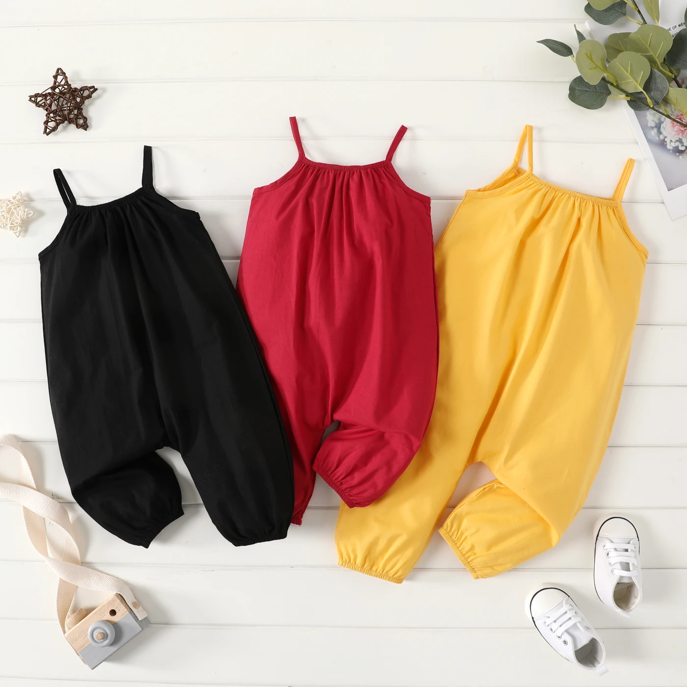 PatPat 100% Cotton Baby Girl Loose-fit Solid Sleeveless Spaghetti Strap Harem Pants Overalls