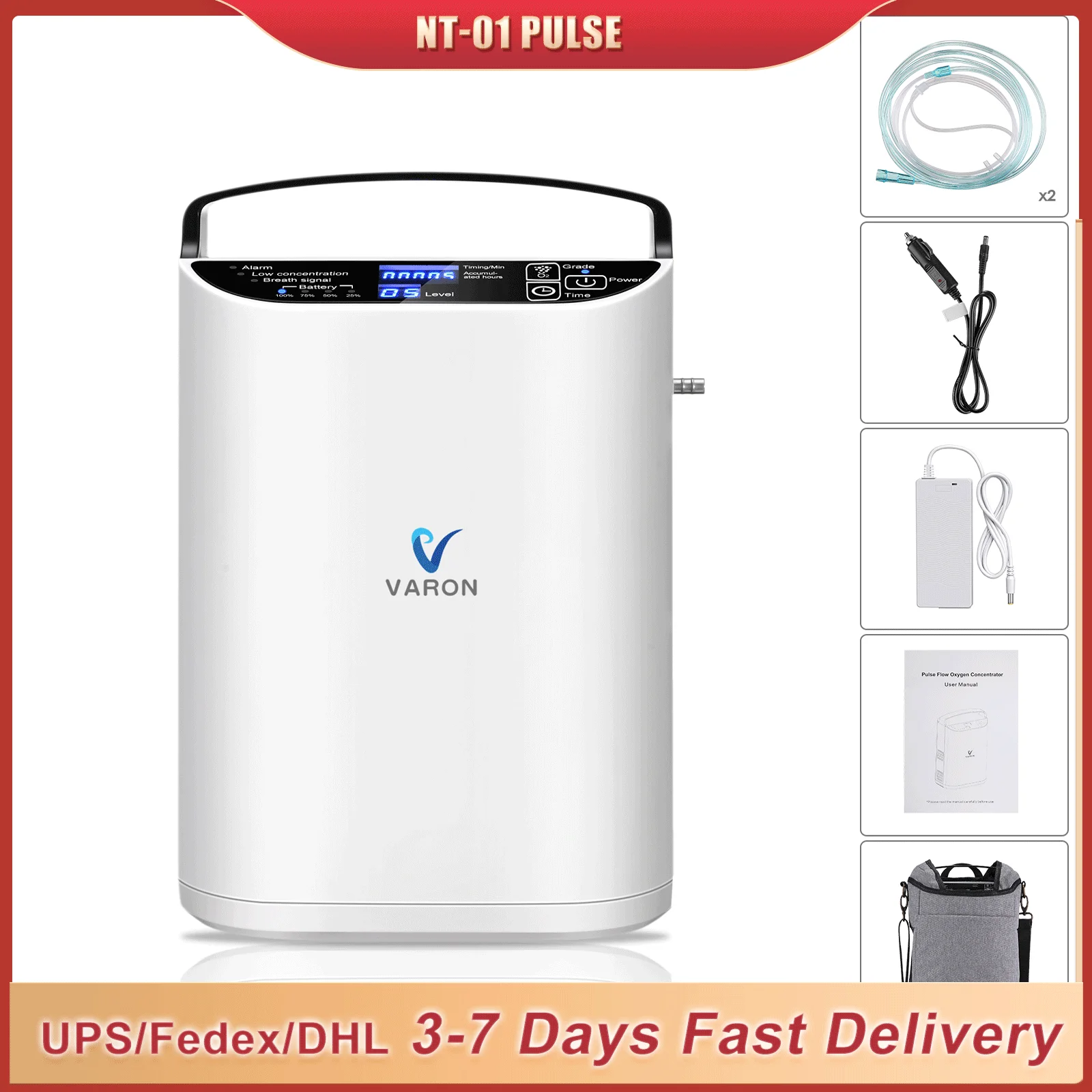 VARON Pulse NT-01 Pro 1-5L Adjus-table Oxy-genPulse Flow For All Ages Home Use And Travel With Bag Outdoor Care  Battery Adapter