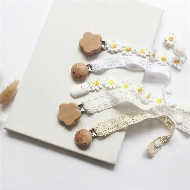 INS Baby Pacifier Clips Nipple Teethers Toys Anti-drop Chain Teething Wooden Kawaii Flower Lace Babies Soothe Bebe Accesorios