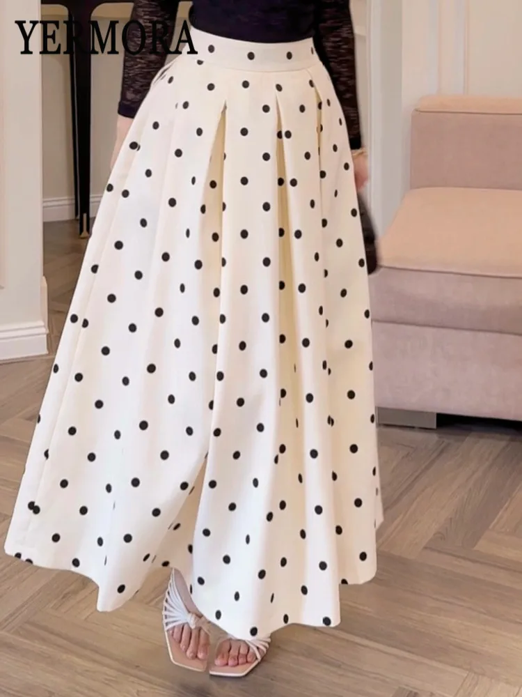 YERMORA High Waist Beige Pleated Dot Print Casual Half Body Skirt For Women Loose Fit Fashion Tide Spring Summer 2026 New