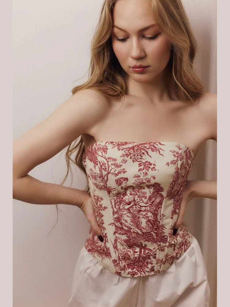 Bedruckte Schnür-Korsett-Tops für Damen, sexy, trägerlos, ärmellos, rückenfrei, schmal geschnitten, unregelmäßiger Saum, kurzes Top, neu, Partykleidung – Detail 14