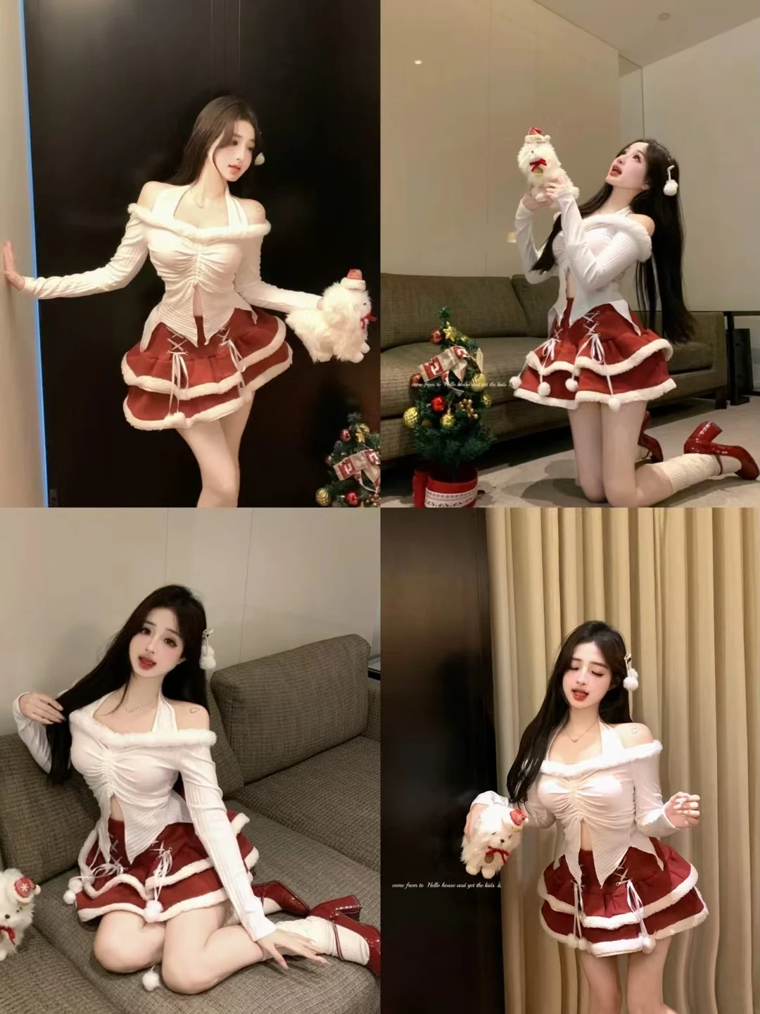 2024 Nieuwe Hot Girl Sexy Stijl High-end Niche One-schouder Halterneck Bont Top + taart Jurk voor Vrouwen Herfst en Winter Kerst Set