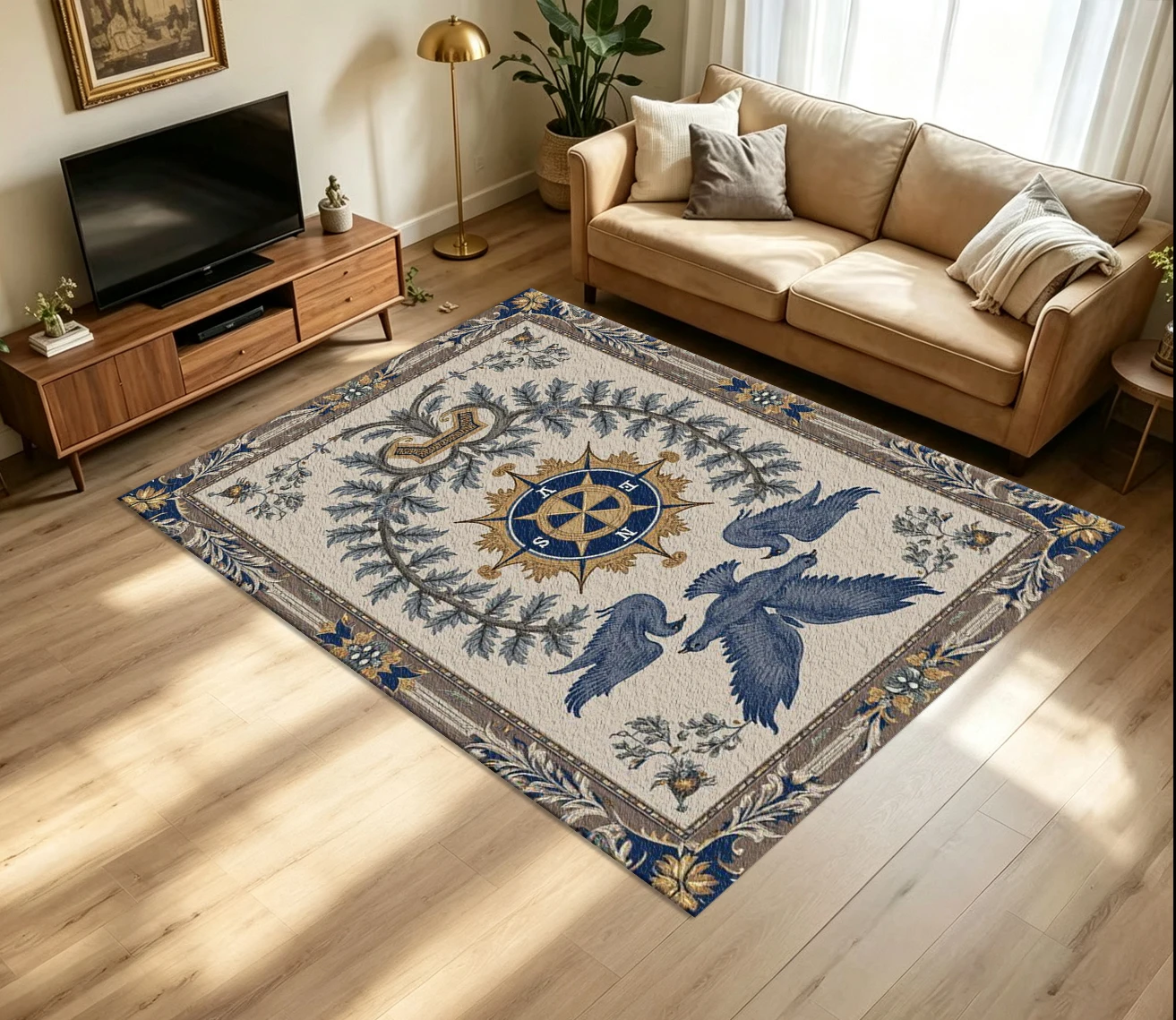 Vintage Nautical Compass Eagle Carpet Flooring Retro Maritime Floral Wreath Border Printed Floor Rug for Household Indoor Home Interior Decor