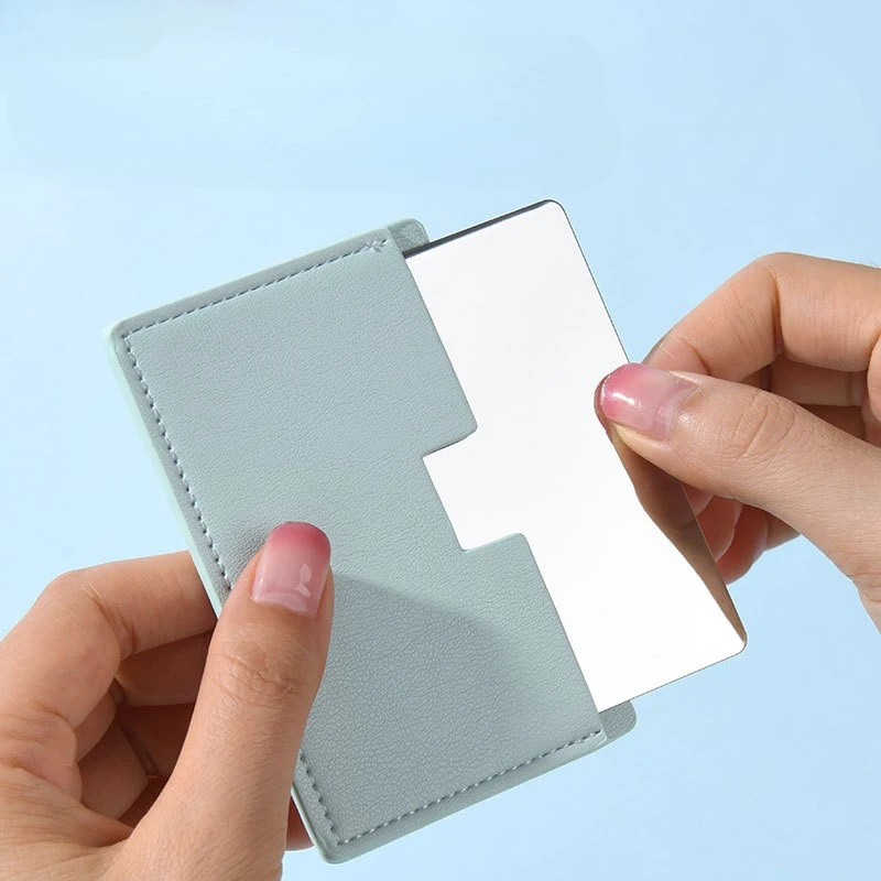 Stainless Steel Card Cosmetics Mirror Portable Mini Unbreakable Makeup Mirror Shatter Proof Leather Sleeve Pocket Size Mirror