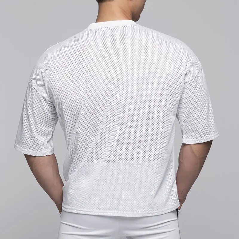 Muscular Men's Sports Fitness Mesh Quick-drying Loose Short-sleeved Running Training for Lifting Iron Breathable T-shirt