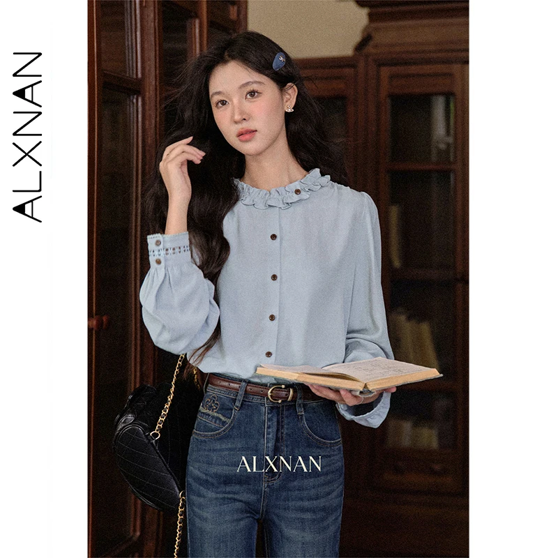 ALXNAN Women's Apricot Shirts Ruffle Trim Round Neck Hollow Out Sleeve Cuffs Blouse New Versatile Fashion Ladies Tops L569166-1
