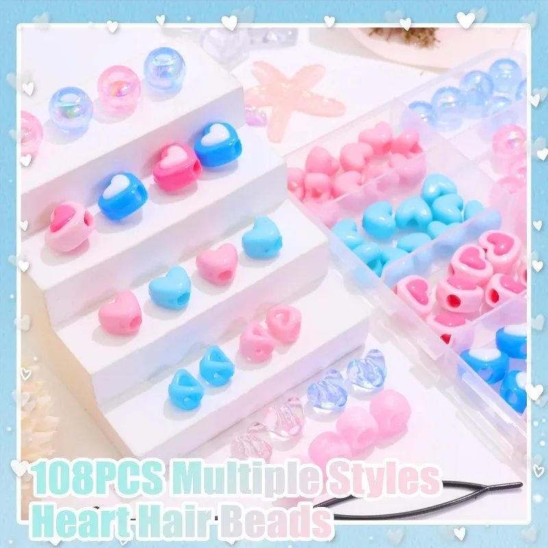 108PCS Heart Hair Beads Kit for Braids, Acrylic Pony Beads with Love Letters & X Shapes & Iridescent Beads for Kids Box Braids,
