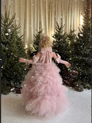 Sleeveless Tulle Flower Girl Dress for Wedding with Bow Tiered Elegant Girl Kids Christmas Gowns First Communion Gown Customized