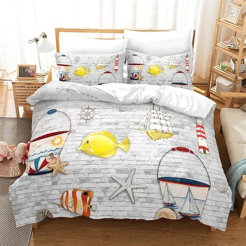 Ocean Theme Duvet Cover King Navigation Compass Sailboat Lighthouse Icon Bedding Set Microfiber Geometric Stripe Comforter Cover