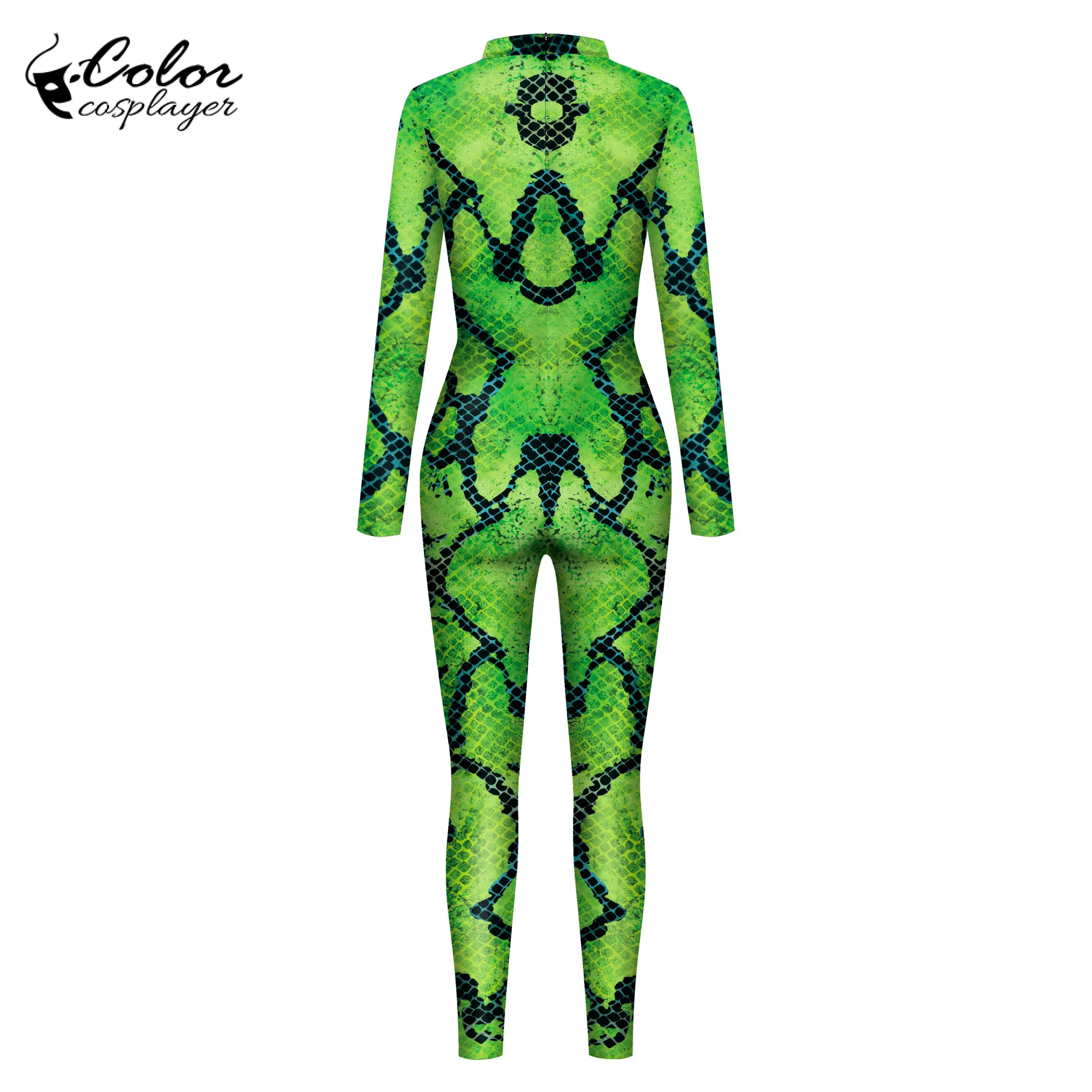 Kolor Cosplayer Green Snake Jumpsuit Halloween Cosplay Costume Adult Unisex Bodysuit 3D Print Long Sleeve Purim Carnival