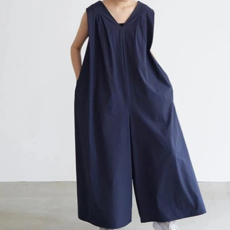 

REALEFT Summer High Waist Loose Women's Jumpsuits 2025 New Sleeveless V-neck Casual Solid Wide Leg Pants Romper Pockets Female