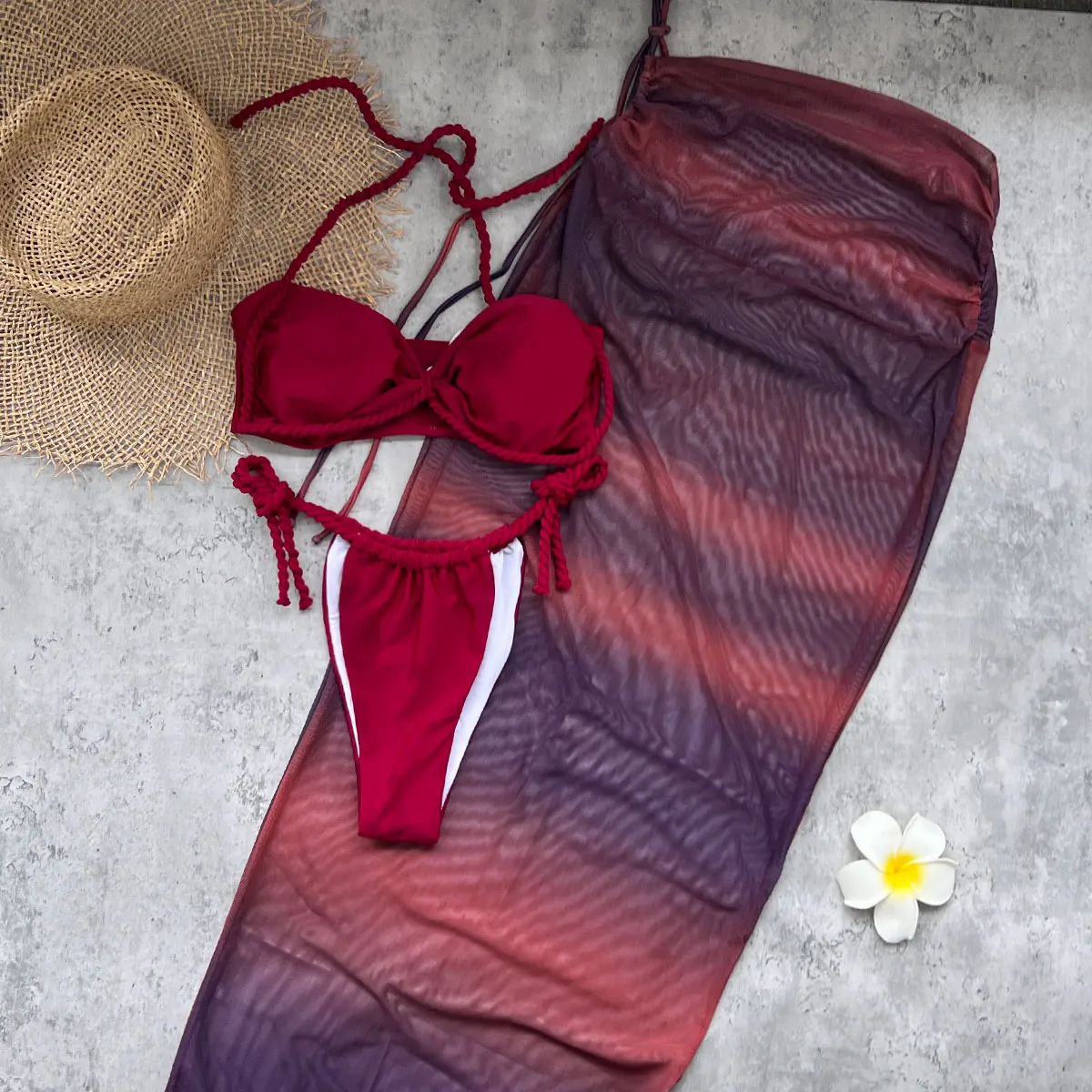Luxury Halter Neck Bikini With Sheer Mesh Skirt Set Women's 3Pcs Swimwear Fashion Lady Rope Straps Biquini Swimsuit Beach Outfit