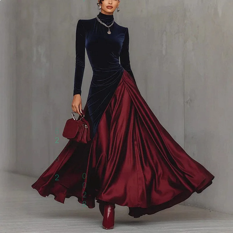 

Elegant Velvet Color Block High Neck Evening Dress Women A Line Skirt Dresses Spring Summer Matching Set Jumpsuit Playsuit