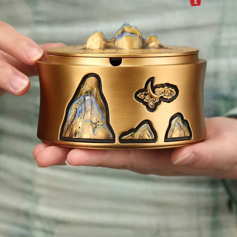 Pure brass hand-painted thousand miles of Jiangshan covered ashtray decorative ornament