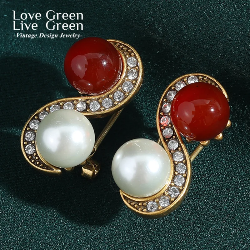 

Vintage Red Agate Earrings Pearl For Woman Retro Antique Elegant Luxury Quality Jewelry Daily Wedding Designer Gift New In 2025