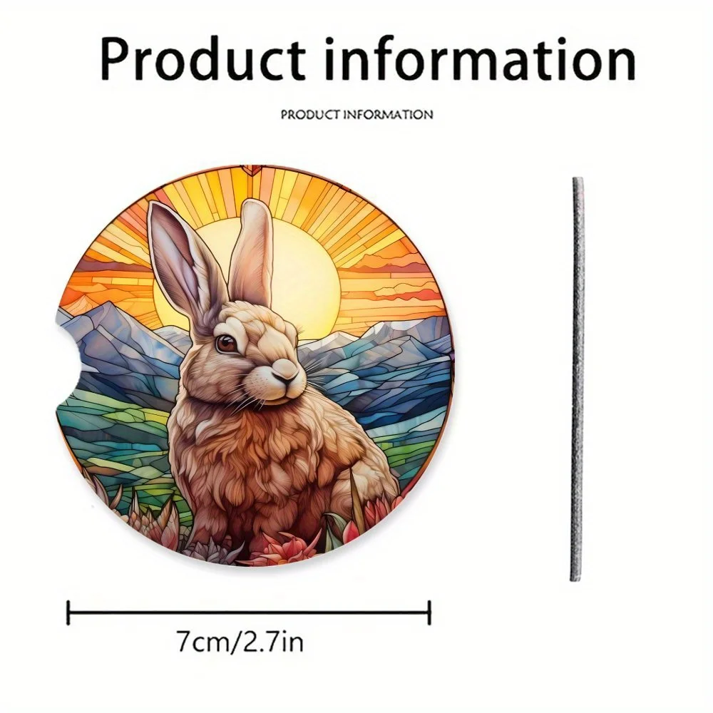 2pcs Easter Bunny Car Coasters 2.76x2.76inch Acrylic Heat-Resistant, Strong Rabbit Design with Vibrant Landscape Art