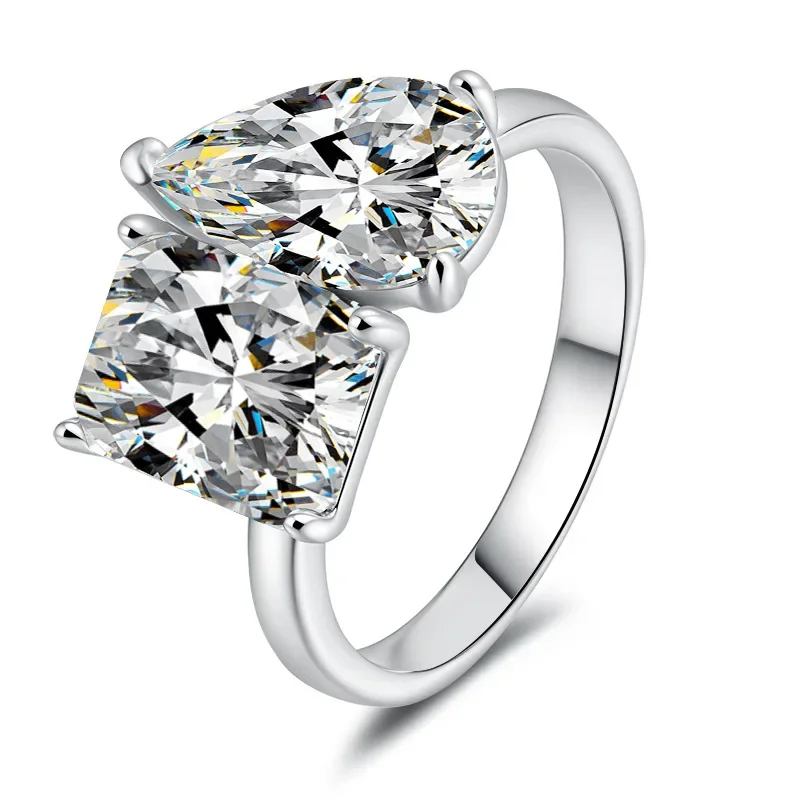 

HOT SALE S925 pure silver ring exaggerated water drop radiant double stone moissanite ring wedding jewelry