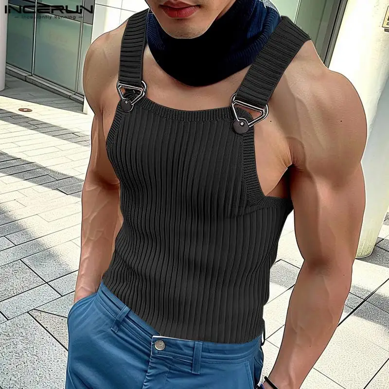 2024 Men's Tank Tops Solid Color Knitted Sleeveless Button Casual Vests Streetwear Summer Fitness Fashion Men Clothing INCERUN