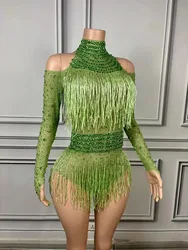 Sparkly Rhinestones Fringes Leotard Sexy DanceBodvsuit Nightclub Outfit Show PerformanceStage Wear Singer Dancer Costume D064