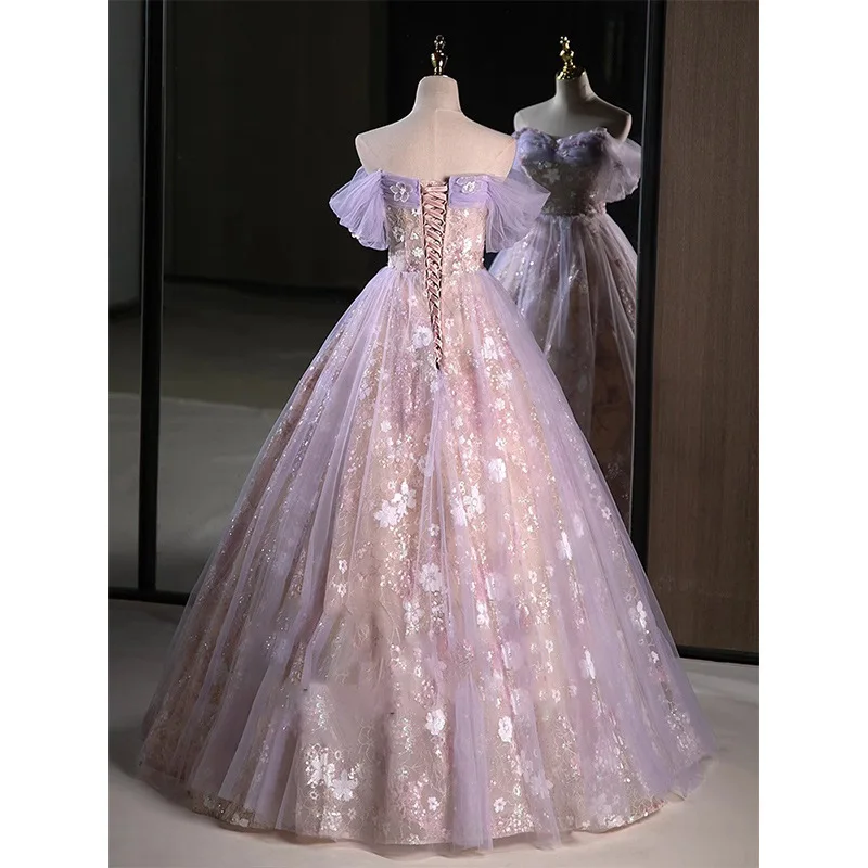 3D Applique Evening Dress Elegant Off Shoulder Formal Banquet Dresses Floor-Length Princess Fluffy Dresses Birthday Party Gown