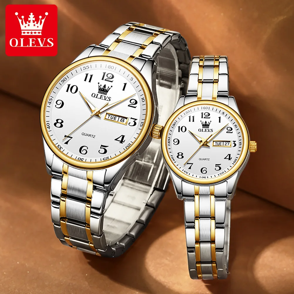 OLEVS Neue Mode Paar Uhr für Männer Frauen Luxus Edelstahl Wasserdicht Quarz Uhren Woche Kalender Liebhaber Armbanduhr