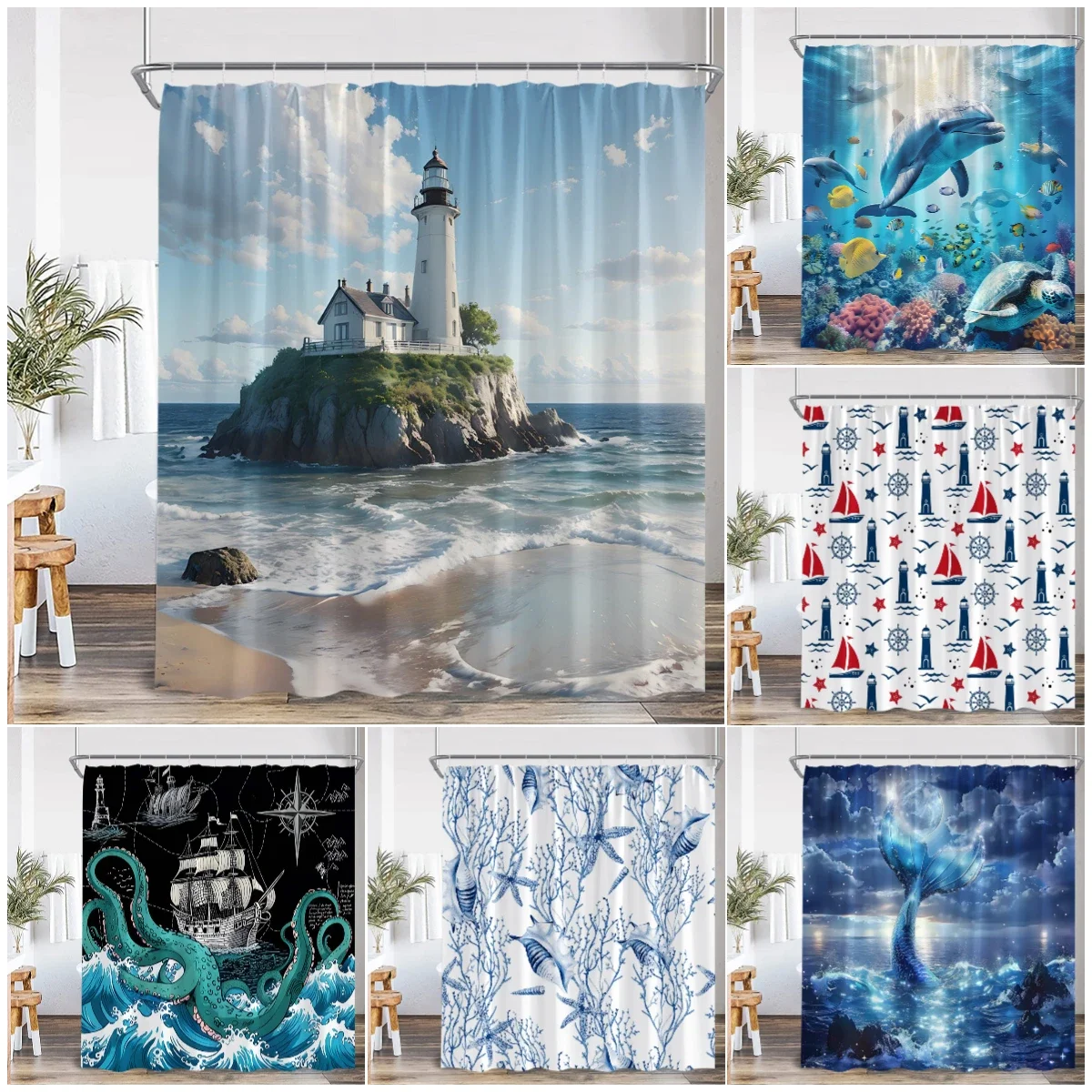 Nautical Shower Curtain Mermaid Seashell Octopus Coral Seaturtle Dolphin Lighthouse Sea Theme Bathroom Decor Kid Bath Curtain