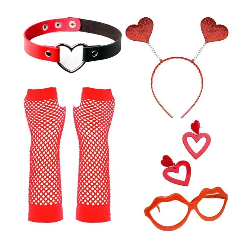 Hot kf-5 Pcs Valentine's Day Costume Set With Earrings , Gloves,Heart Headband, Sunglasses, And Necklace For Adult Kids
