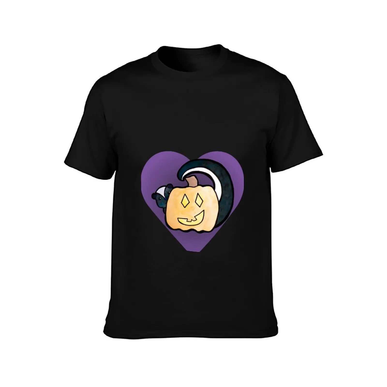 Cute Skunk with a Jack O'lantern in a Purple Heart T-Shirt Fashion Pattern Printed Tee Shirt