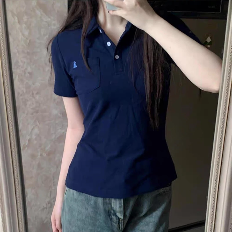 ديبتاون الأساسية المطرزة تي شيرت المرأة قصيرة الأكمام بولو طوق النمط الياباني JK تيز سليم Preppy بلون الصيف الشباب #6