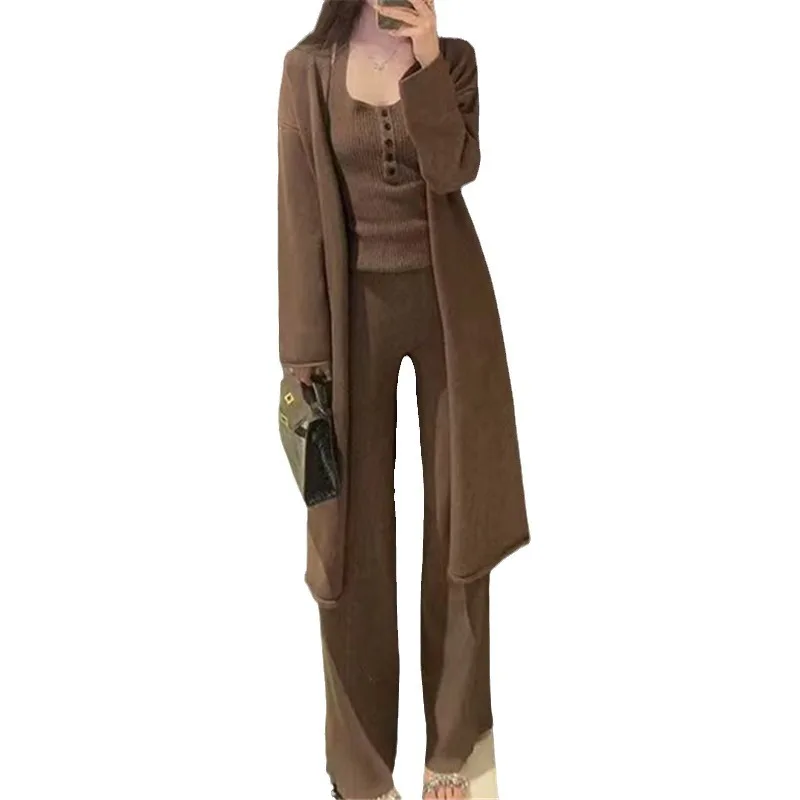 Autunno Inverno Donna Abito a tre pezzi Cappotto cardigan a maniche lunghe solido e canottiere lavorato a maglia + Set di pantaloni a gamba larga a vita alta 2025