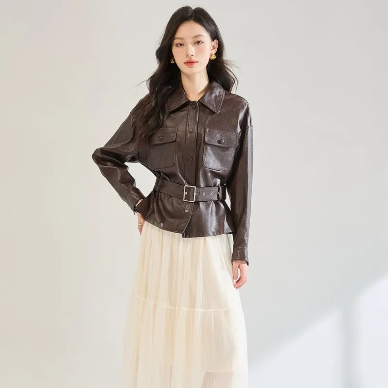 

New Elegant Women Spring Lapel Thin Short Leather Coat